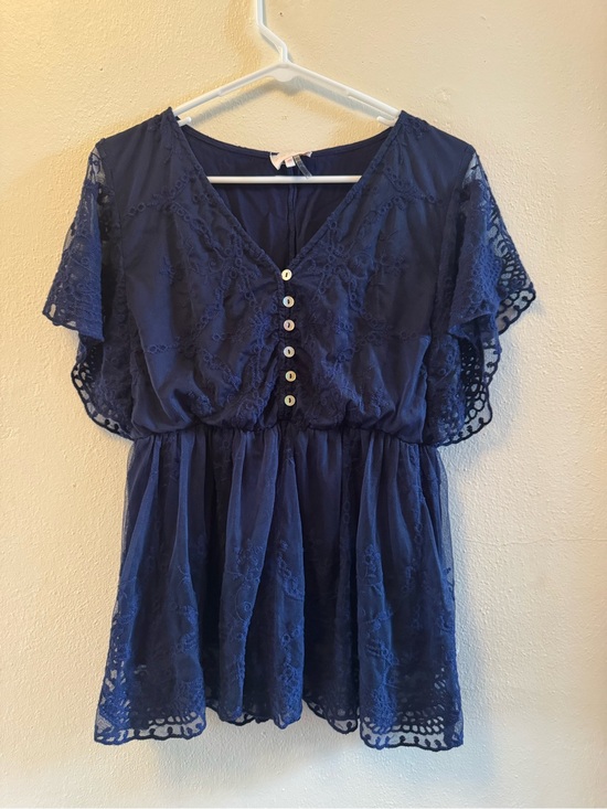 entro Tops - Entro Navy Blue Lace Flutter Sleeve Babydoll Blouse Top Size M
